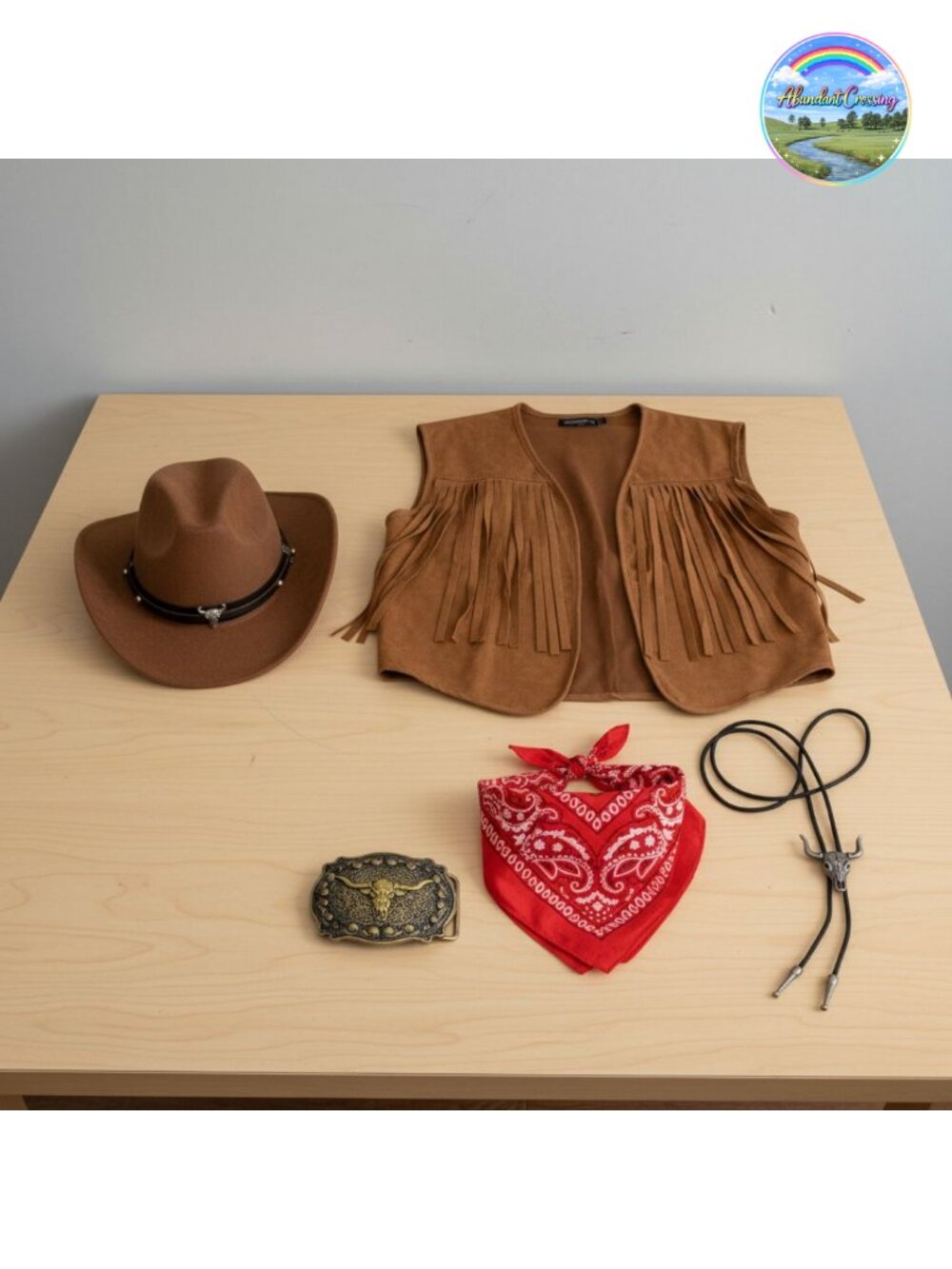 5 Pc Cowboy Costume Set Hat Vest Bandana Belt Buckle Men's Western